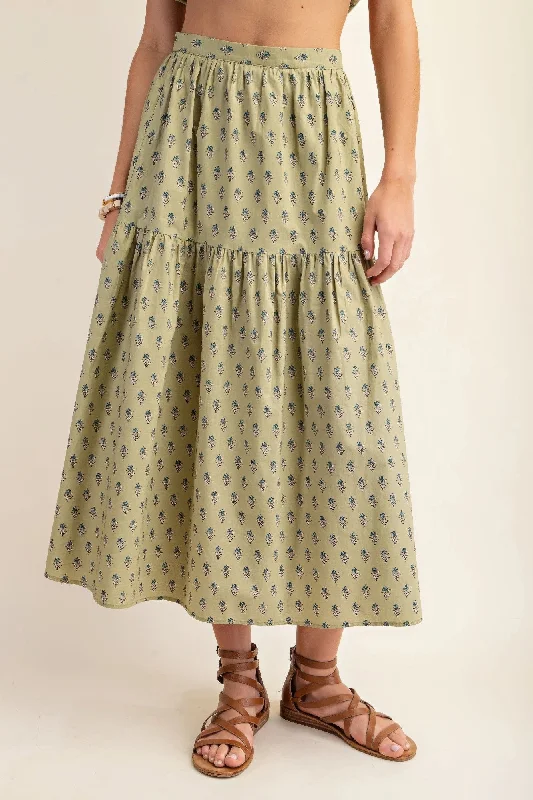 Hot Girl Monet Printed Tiered Cotton Midi Skirt In Sage