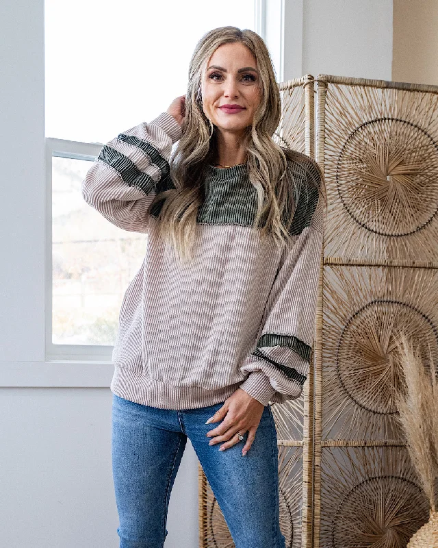 Women's Outerwear Garments Latest Trends NEW! Vanessa Color Block Corded Varsity Stripe Top - Taupe Women's Outerwear Garments Latest Trends NEW! Vanessa Color Block Corded Varsity Stripe Top - Taupe