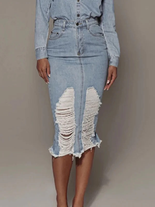 Hot Girl Distressed Slit Denim Midi Skirt In Light Wash