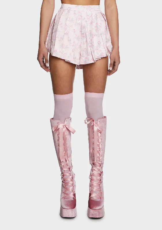 Women's Floral Print Outfit Versatile Wardrobe Essentials Scandal Sheet Pleated Shorts - Pink Women's Floral Print Outfit Versatile Wardrobe Essentials Scandal Sheet Pleated Shorts - Pink