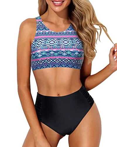 Holiday Gift Guide Sale Style Upgrade Crop Top High Waisted Two Piece Bikini For Large Breasted Women-Blue Tribal Holiday Gift Guide Sale Style Upgrade Crop Top High Waisted Two Piece Bikini For Large Breasted Women-Blue Tribal