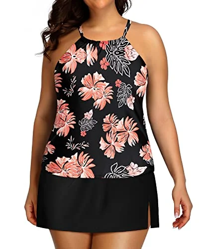 Women's Casual Apparel Chic And Comfortable Women's Two Piece Plus Size Tankini Tummy Control High Neck Swimsuits-Black Orange Floral Women's Casual Apparel Chic And Comfortable Women's Two Piece Plus Size Tankini Tummy Control High Neck Swimsuits-Black Orange Floral