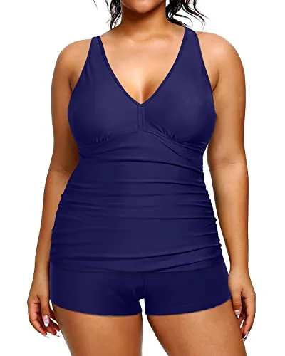 Women's Office Attire Limited Time Deal Athletic Women's Plus Size Swimsuits Ruched Tummy Control Two Piece Sets-Navy Blue