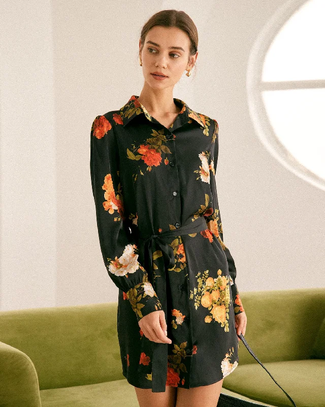 Chic Casual Wardrobe Essentials Exclusive Designer Collection The Black Lapel Button Floral Satin Mini Dress Chic Casual Wardrobe Essentials Exclusive Designer Collection The Black Lapel Button Floral Satin Mini Dress