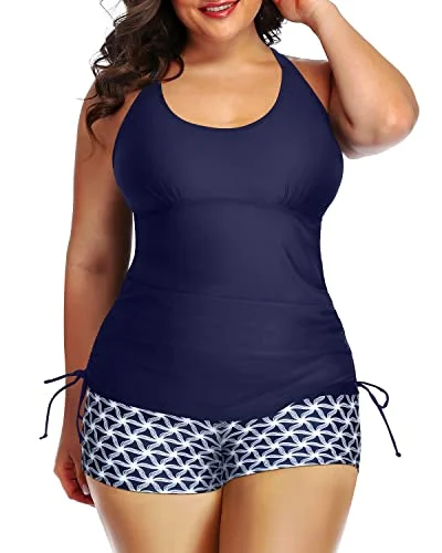 Elegant Women's Clothing Online Flash Sale Starts Sexy Hollow-Out Back Design Two Piece Ruched Swimsuit-Navy Blue Tribal