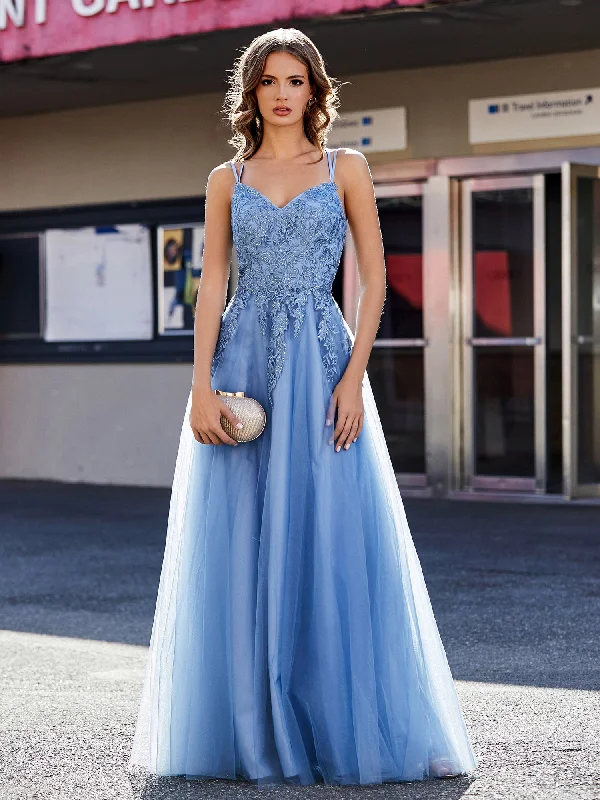 Comfortable Loungewear for Women Hot Deals A Line Open Back Tulle Dress Dusty Blue