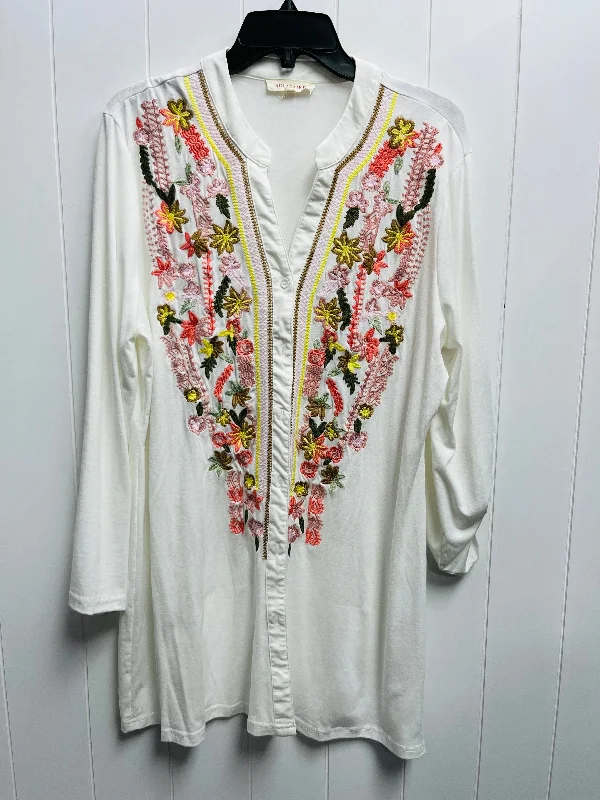 Top Long Sleeve By Solitaire In White & Yellow, Size: Xl