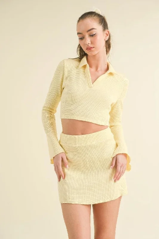 Hot Girl Waffle Knit Bell Sleeve Top And Skirt Two Piece Set In Yellow