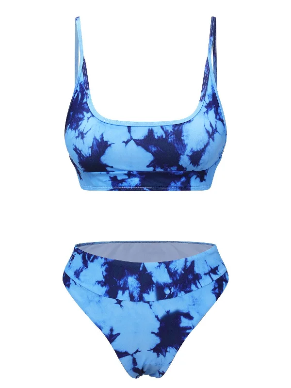 Luxe Women's Fashion Last Chance Sale Blue 1950s Tie-Dye Spaghetti Straps Swimsuit