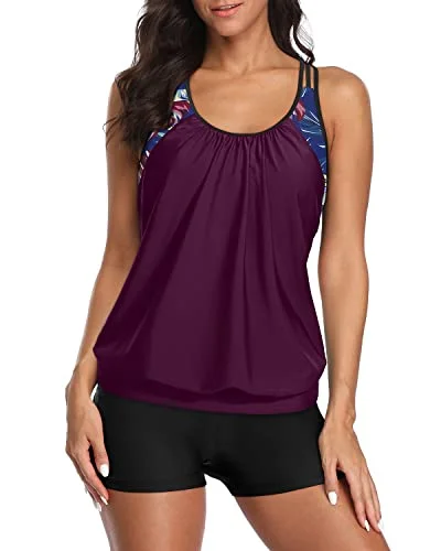 Women's Seasonal Garments Trend Alert Two Piece Tankini Swimsuits Tummy Control Boyshorts For Women-Wine Red Leaves