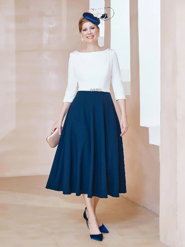 Luxury Fashion Best Sellers Stretch Crepe Scoop Tea-length Dress Navy Blue