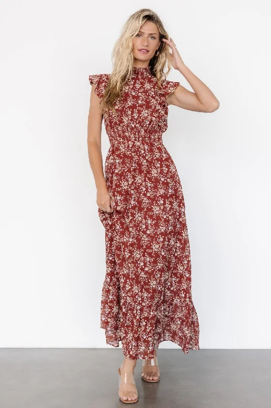 Women's Office Outfit Chic Style, Always In Vogue Kearny Ruffle Maxi Dress | Rust Print Women's Office Outfit Chic Style, Always In Vogue Kearny Ruffle Maxi Dress | Rust Print