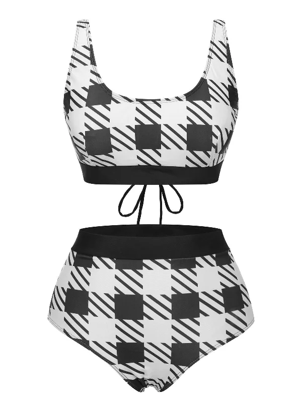 Women's Clothes Timeless Classics Black 1950s Plaid Wide Strap Swimsuit