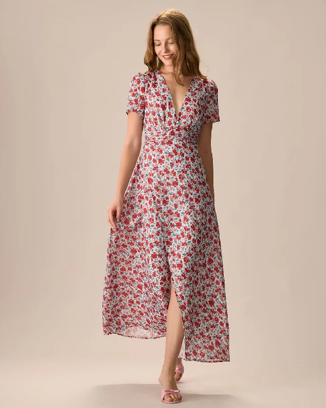 Outfits Ideas Evening Looks Women's Red V-Neck Ruched Floral Maxi Dress