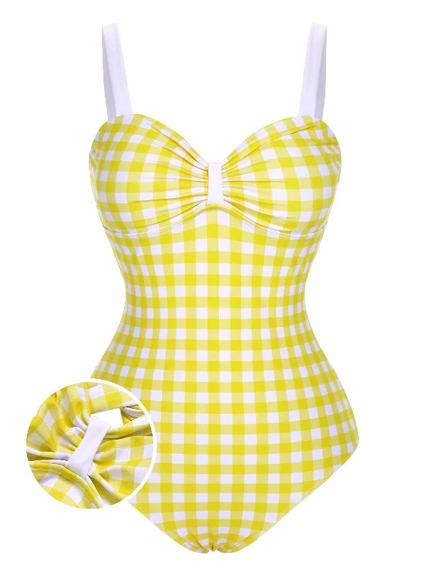 Women's Chic Outerwear Outfit Trend Setting Wardrobe Yellow 1950s Plaid Strap Pleated Swimsuit Women's Chic Outerwear Outfit Trend Setting Wardrobe Yellow 1950s Plaid Strap Pleated Swimsuit
