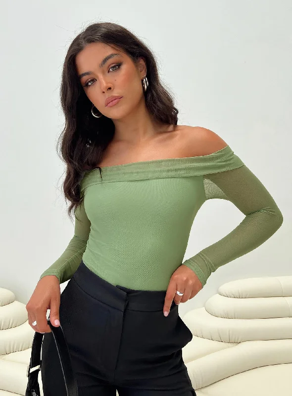 Women's Holiday Attire Hot Styles Doza Off The Shoulder Bodysuit Green