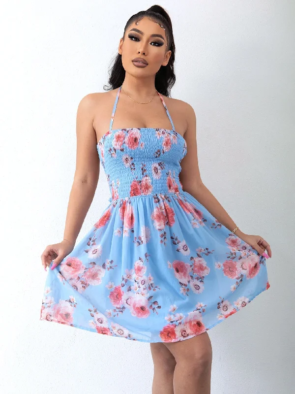 Trendy Online Boutiques Limited Time Special Offer Floral Halter Neck Smocked Dress