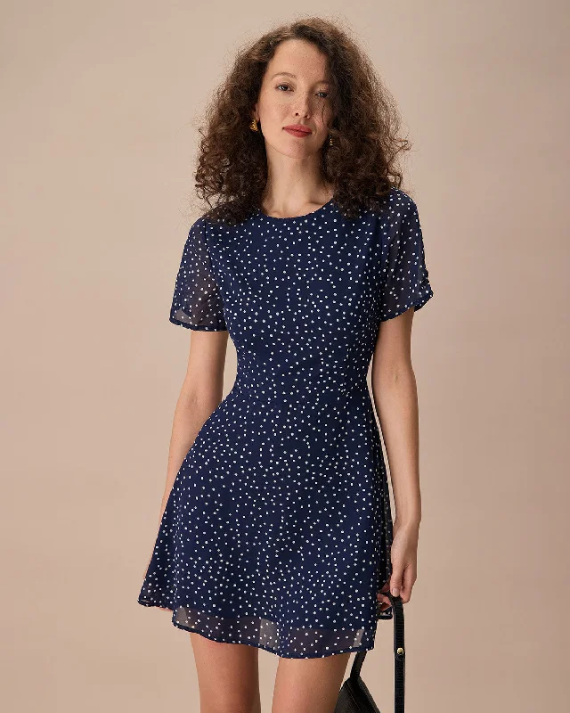 Women's Romantic Outfit Trendy Women's Wear Collection The Navy Crew Neck Polka Dot Cutout Mini Dress Women's Romantic Outfit Trendy Women's Wear Collection The Navy Crew Neck Polka Dot Cutout Mini Dress