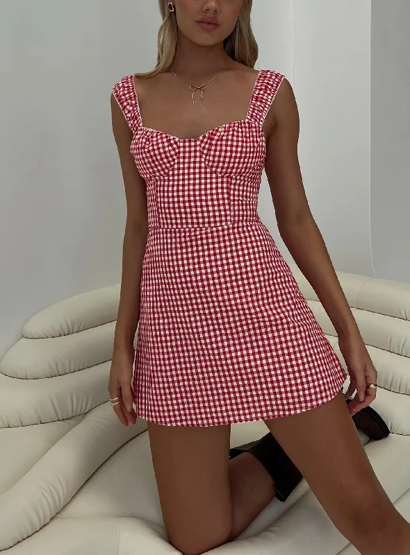 Women's Trendy Casual Outfit Comfort Meets Fashion Faubert Mini Dress Red Gingham