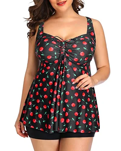 Bold and Elegant Women's Fashion Limited Stock, Big Sale Plus Size Tankini Swimsuits For Women Shorts Flyaway Bathing Suits-Black Cherry