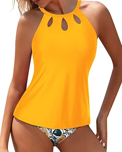 Women's Transitional Apparel Sophisticated Style Halter Backless Tankini Modest Tummy Control Bottom-Yellow Floral