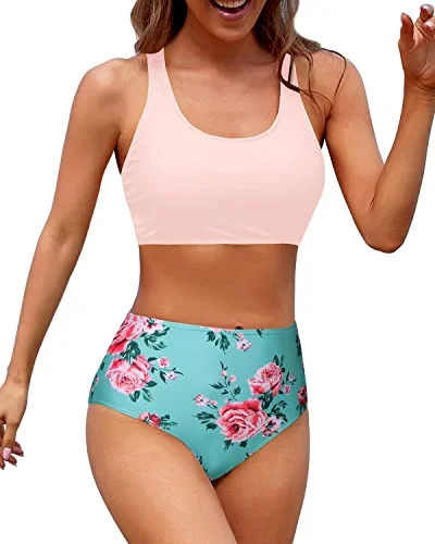 Sophisticated Style Big Savings On Rustic Countryside Styles Flattering High Waisted Two Piece Bikini Sports Crop Top Swimsuit-Green And Pink Floral Sophisticated Style Big Savings On Rustic Countryside Styles Flattering High Waisted Two Piece Bikini Sports Crop Top Swimsuit-Green And Pink Floral