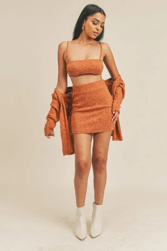 Hot Girl Delilah Three Piece Skirt Set In Rust