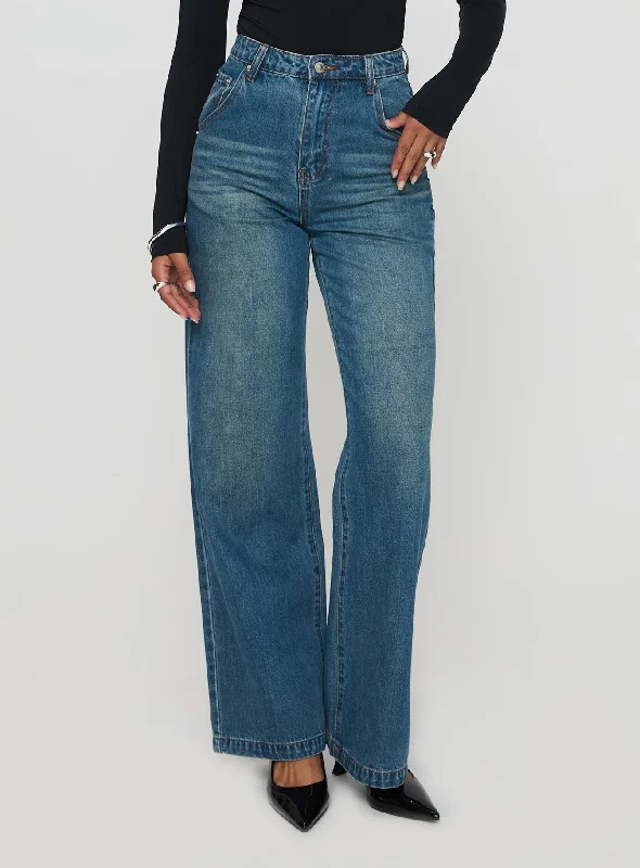 Hustler High Rise Straight Leg Denim Jean Washed Blue