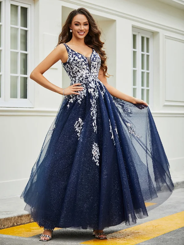 Casual Style for Busy Women New Season Fashion Preview Plunging V-Neck Open Back Tulle Gown Dark Navy Casual Style for Busy Women New Season Fashion Preview Plunging V-Neck Open Back Tulle Gown Dark Navy
