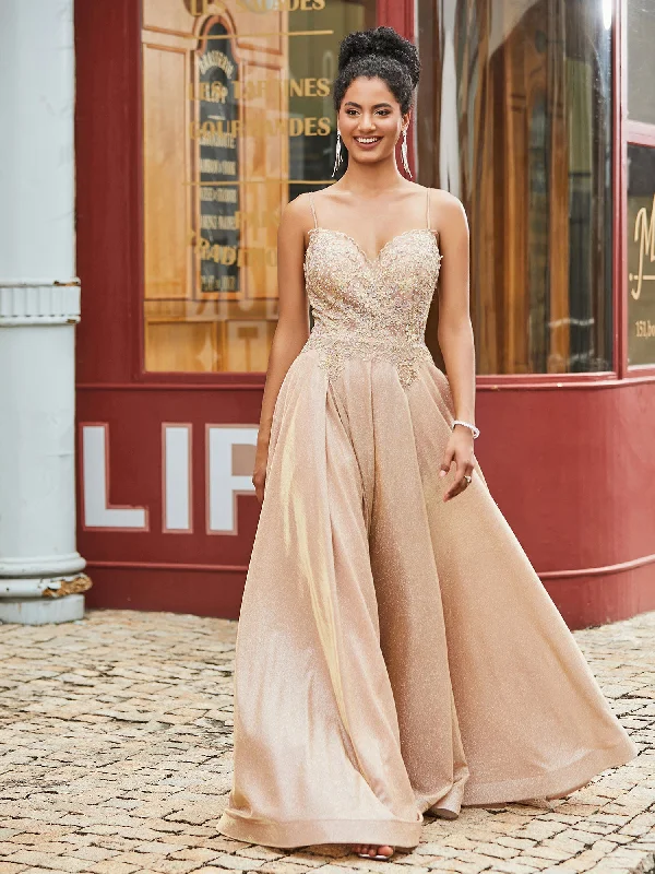 Vintage-Inspired Women's Apparel Fashion Essentials Metallic Beaded Lace Applique Bodice Dress with Pocket Champagne Gold