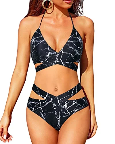 Affordable Women's Apparel Sophisticated Fashion High Waisted Bikini Sets For Women Halter Wrap Criss Cross Two Piece Swimsuit-Black Marble Affordable Women's Apparel Sophisticated Fashion High Waisted Bikini Sets For Women Halter Wrap Criss Cross Two Piece Swimsuit-Black Marble