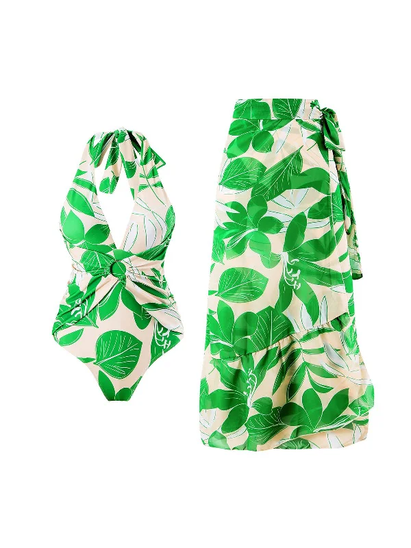 Casual Fashion Feminine Soft - Hued Styles 2PCS Green 1960s Plant Prints Halter Swimsuit & Long Cover-Up Casual Fashion Feminine Soft - Hued Styles 2PCS Green 1960s Plant Prints Halter Swimsuit & Long Cover-Up
