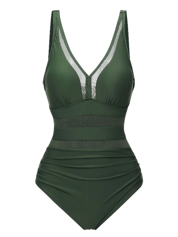 Laid-Back Elegance Mid - Week Surprise Green 1950s Solid V-Neck Lace Patchwork Swimsuit Laid-Back Elegance Mid - Week Surprise Green 1950s Solid V-Neck Lace Patchwork Swimsuit