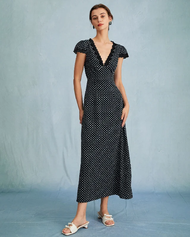 Clothing Store Budget Saver Black Polka Dot V Neck Maxi Dress