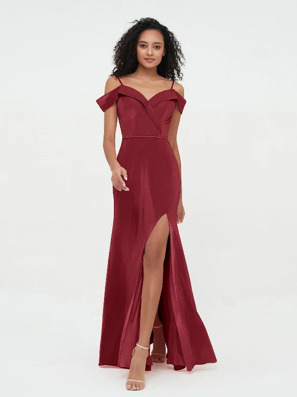 Formal Attire For Women Mega Sale Off Shoulder Max Velvet Dresses with Silt Burgundy Formal Attire For Women Mega Sale Off Shoulder Max Velvet Dresses with Silt Burgundy