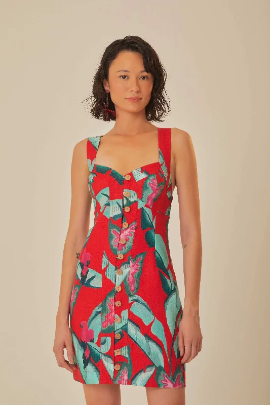 Women's Transitional Apparel Sophisticated Style Red Summer Foliage Mini Dress