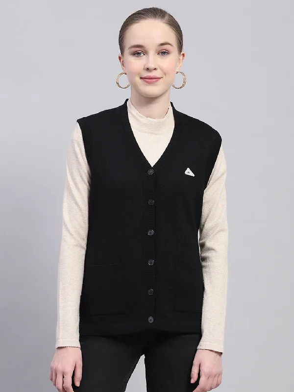 Boho Chic Fashion Anniversary Sale Women Black Solid V Neck Sleeveless Cardigan