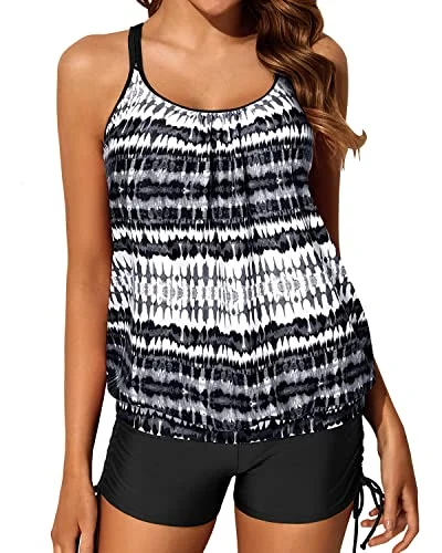 Women's Holiday Attire Hot Styles Athletic Blouson Tankini Swimsuits Two Piece Strappy Bathing Suit Tops Shorts-Black And White Tribal