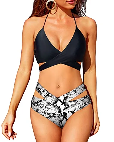 Women's Stylish Casual Garments Chic Outfits High Leg Criss Cross Bikini High Waisted Push Up Swimsuit-Black And White Snake Print Women's Stylish Casual Garments Chic Outfits High Leg Criss Cross Bikini High Waisted Push Up Swimsuit-Black And White Snake Print