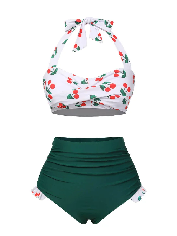 Classic Women's Clothing Styles Style Beyond Borders Green & White 1960s Cherry Halter Swimsuit Classic Women's Clothing Styles Style Beyond Borders Green & White 1960s Cherry Halter Swimsuit
