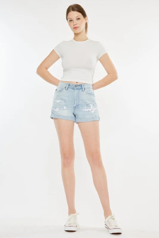 Hot Girl X Kancan High Rise Repaired Mom Light Wash Denim Shorts