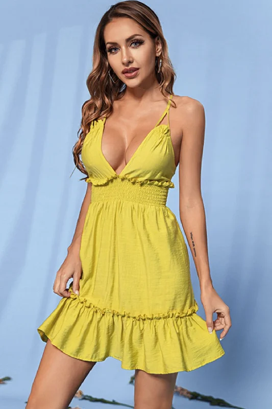 Stylish Women's Garments Season Sale Frill Trim Smocked Waist Crisscross Plunge Dress Stylish Women's Garments Season Sale Frill Trim Smocked Waist Crisscross Plunge Dress