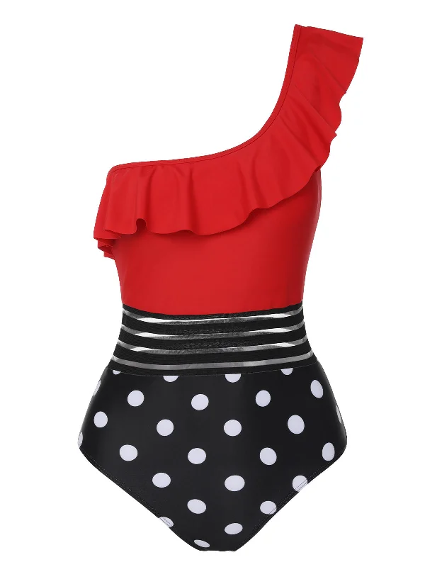 Trendy Fashion For Women Final Clearance 1960s One-Shoulder Ruffles Polka Dots Swimsuit Trendy Fashion For Women Final Clearance 1960s One-Shoulder Ruffles Polka Dots Swimsuit
