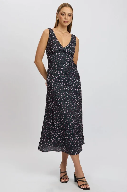 Women's Casual Wear Outfit Innovate Your Wardrobe Black Ditsy Maxi Dress V-Neck