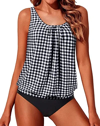 Women's Outerwear Apparel Current Trends Push Up Bra Cups Tankini Bathing Suits For Women-Black And White Checkered Women's Outerwear Apparel Current Trends Push Up Bra Cups Tankini Bathing Suits For Women-Black And White Checkered