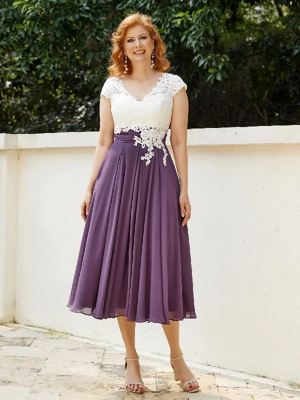 Evening Looks Alluring Design V Neck Chiffon Dress with Ivory Appliqued Bodice Grape Evening Looks Alluring Design V Neck Chiffon Dress with Ivory Appliqued Bodice Grape