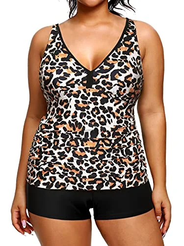 Women's Elegant Evening Outfit Cutting Edge Fashion V Neck Plus Size Tankini Shorts Tummy Control Tankini Two Piece Bathing Suits-Black And Leopard