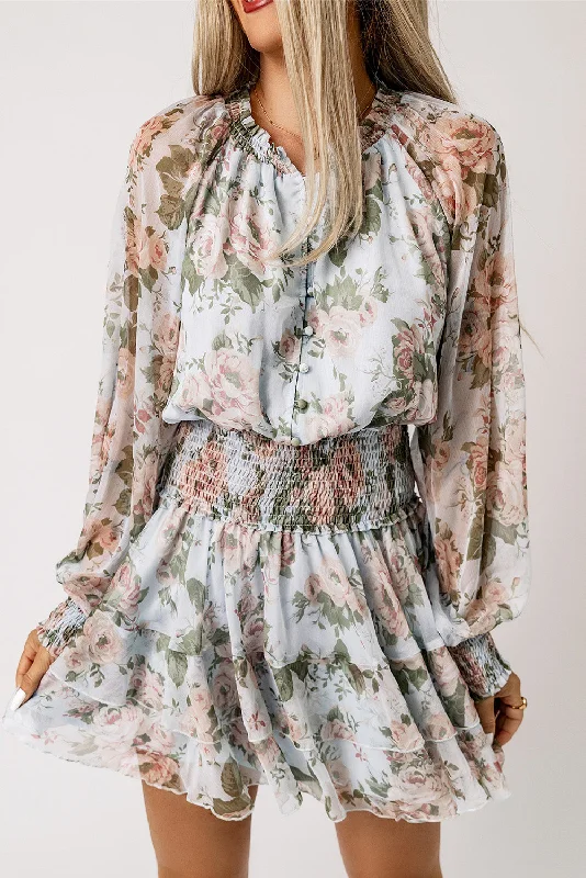 Chic Women's Outfit Trendy Attire For Her Floral Smocked Waist Layered Mini Dress