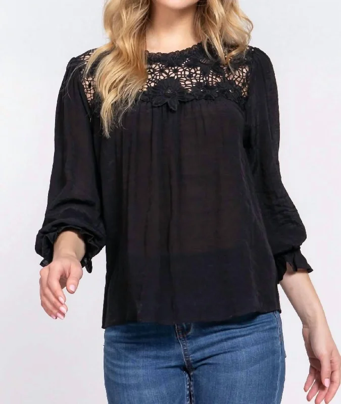 Women's Outfit For The Office Chic Trend Collection Crochet Lace Panel Flounce Sleeve Blouse In Black Women's Outfit For The Office Chic Trend Collection Crochet Lace Panel Flounce Sleeve Blouse In Black