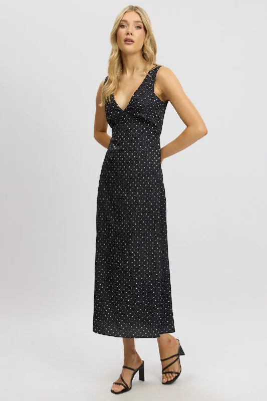 Women's Floral Print Outfit Versatile Wardrobe Essentials Black Polka Dot Maxi Dress V-neck Women's Floral Print Outfit Versatile Wardrobe Essentials Black Polka Dot Maxi Dress V-neck